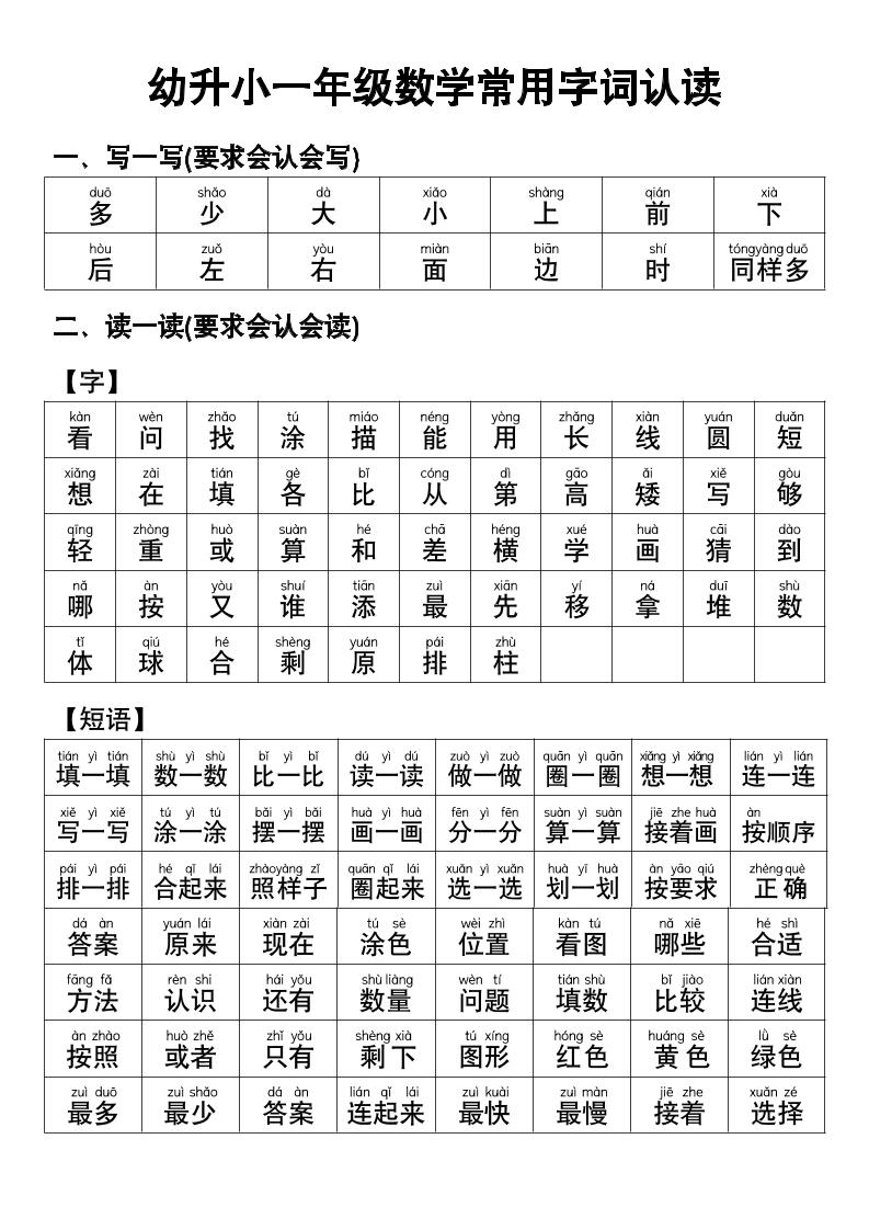 幼小衔接数学常用字词认读-柒染云阁