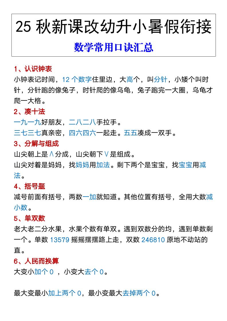 【2025秋新版】幼升小暑假衔接数学常用口诀汇总-一上数学-柒染云阁