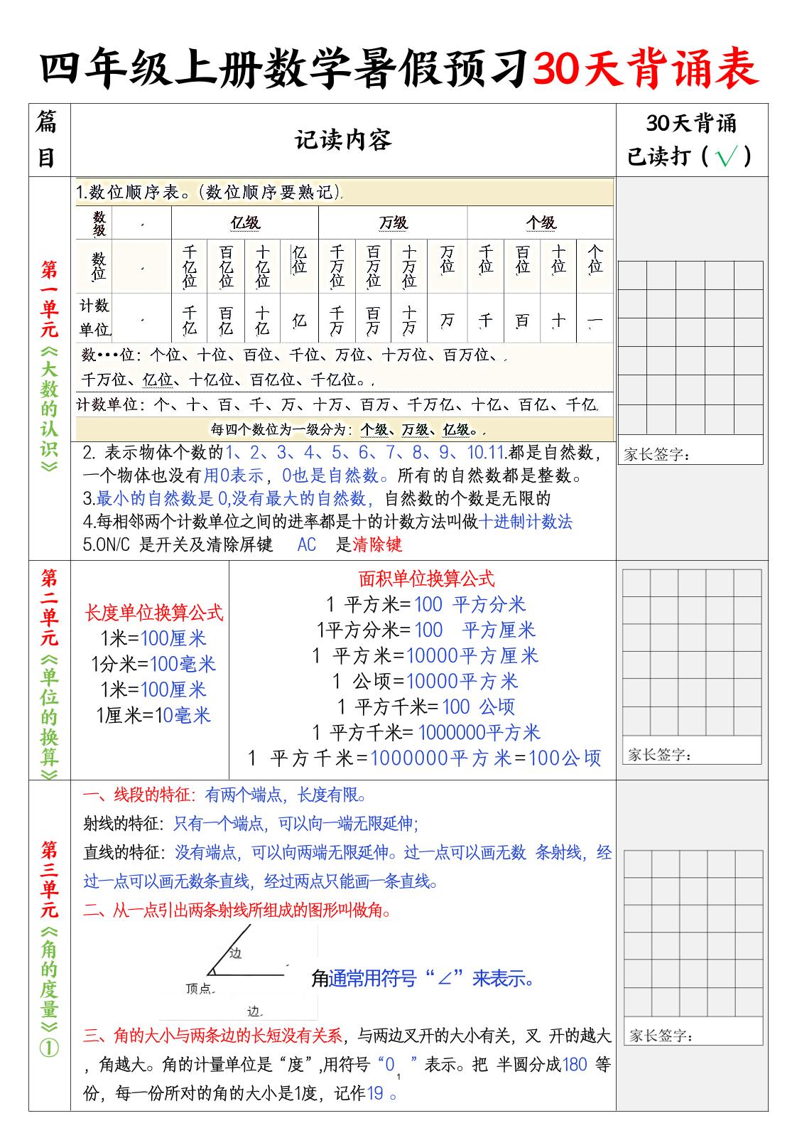 四上数学30天记录单-柒染云阁