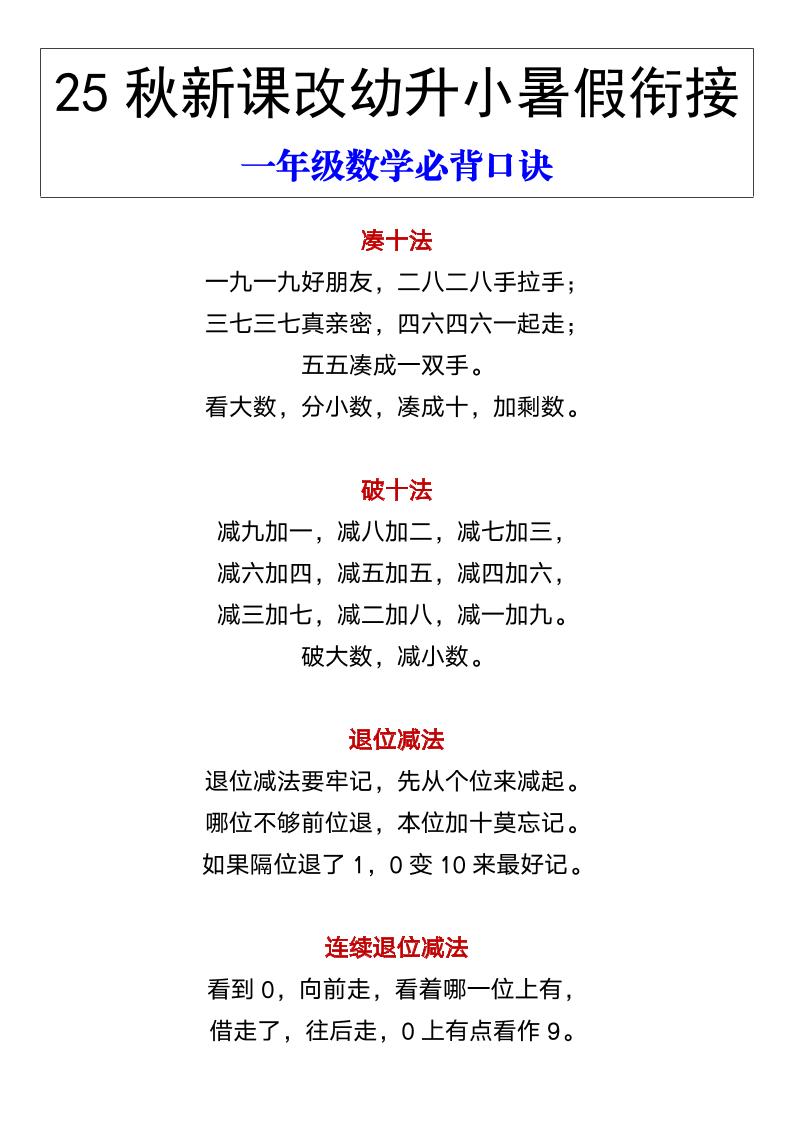 【2025秋新版】幼升小暑假衔接一年级数学必背口诀-一上数学-柒染云阁