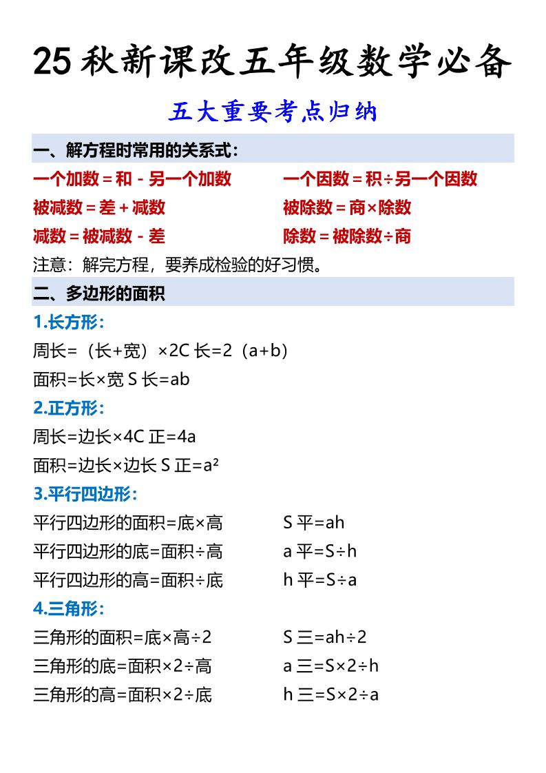 【2025秋新版】五年级数学必备五大重要考点归纳-五上数学-柒染云阁