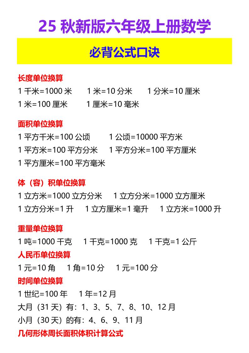 【2025秋新版】六年级上册数学必背公式口诀-柒染云阁