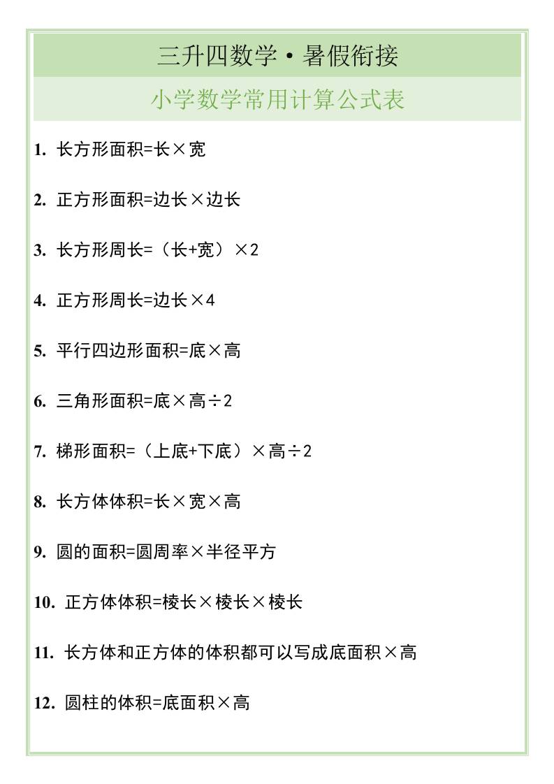 三升四暑假衔接，小学数学常用计算公式表-四上数学-柒染云阁