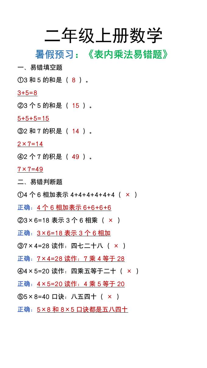 二年级上册数学暑假预习《表内乘法易错题》-柒染云阁