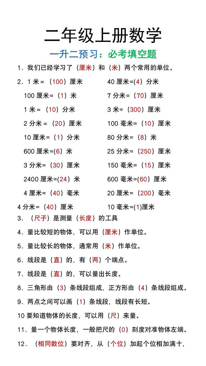二年级上册数学暑假预习必做《重点填空题》-柒染云阁