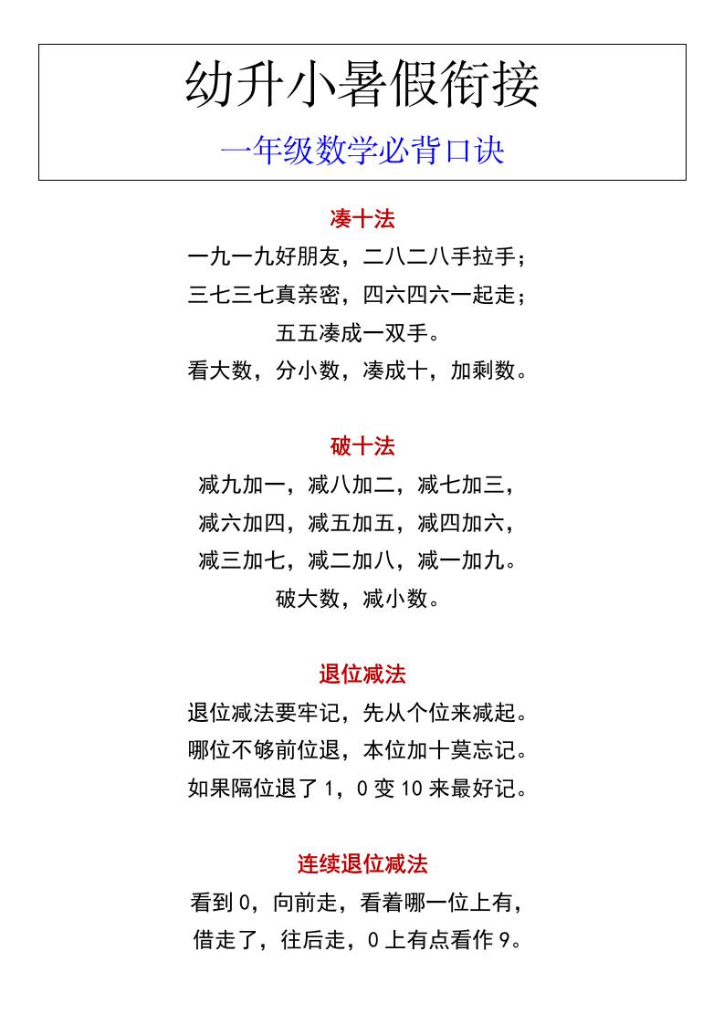 幼升小暑假衔接一年级数学必背口诀-柒染云阁