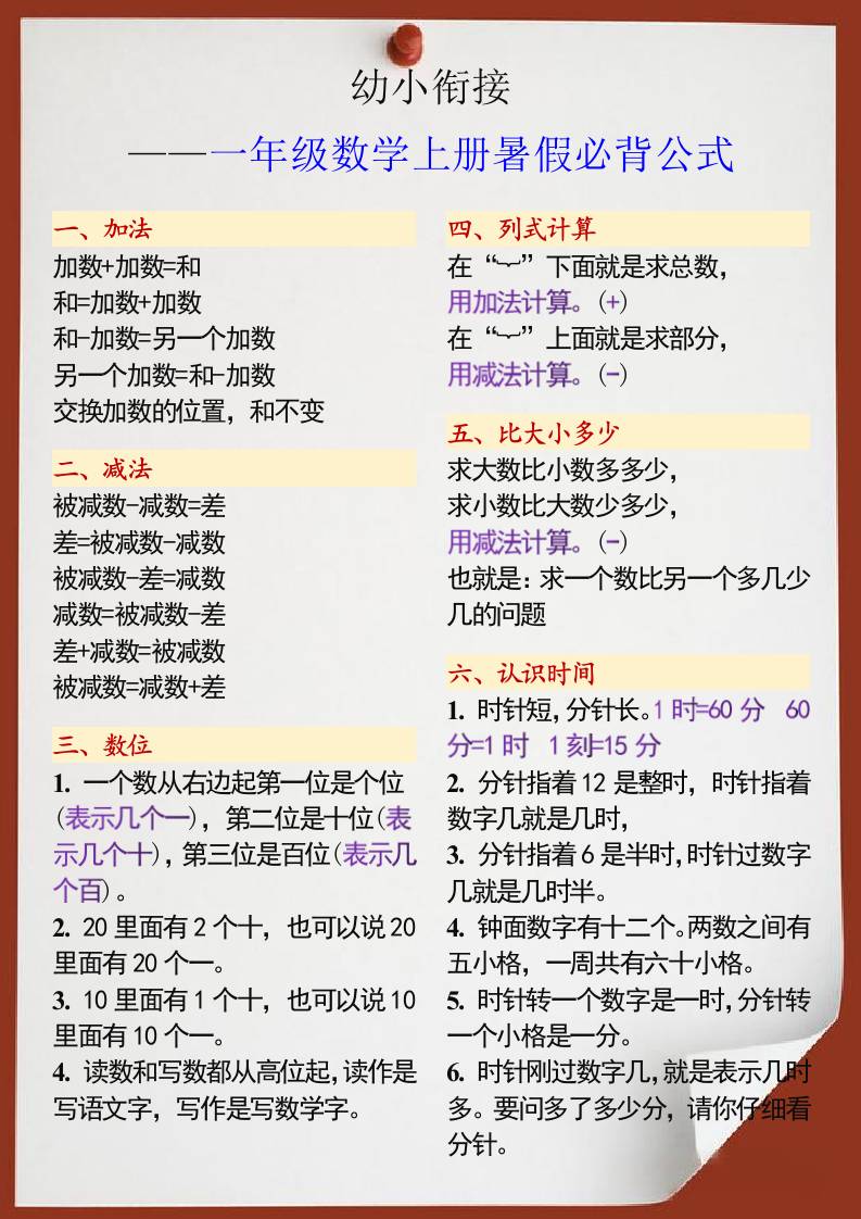 幼小衔接一年级数学上册暑假必背公式-柒染云阁