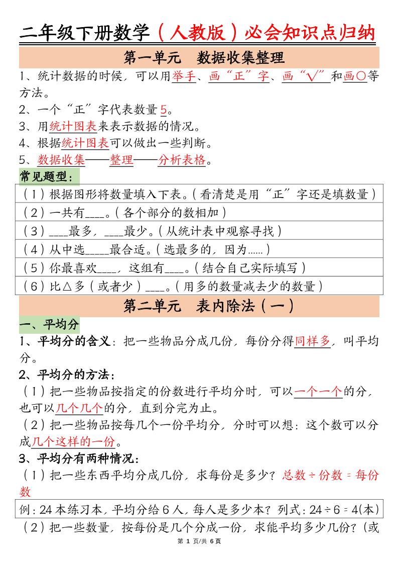 二下数学【人教版】必会【知识点】归纳总结6页-柒染云阁