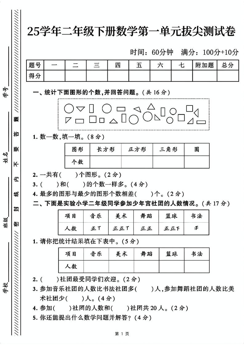 25二下数学第一单元拔尖测试卷1（含答案5页）人教-柒染云阁