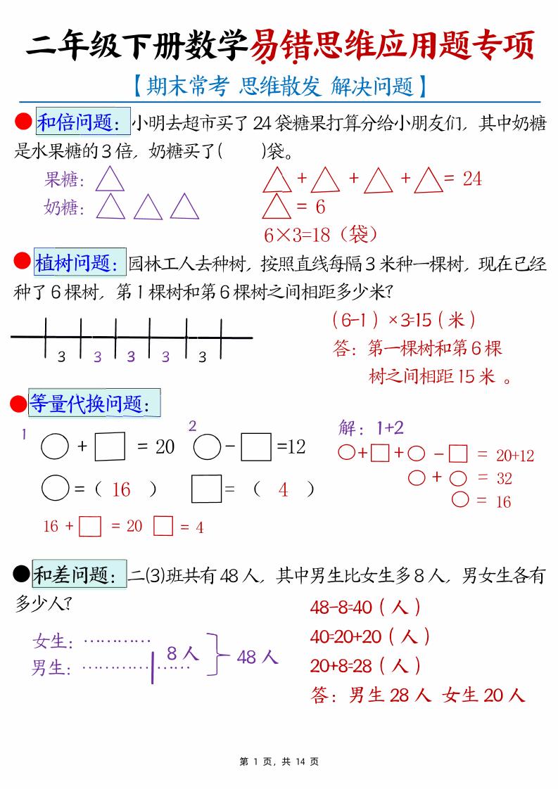 （期末常考30道母题）二年级下册数学易错思维应用题专项（练习题+答案）-柒染云阁
