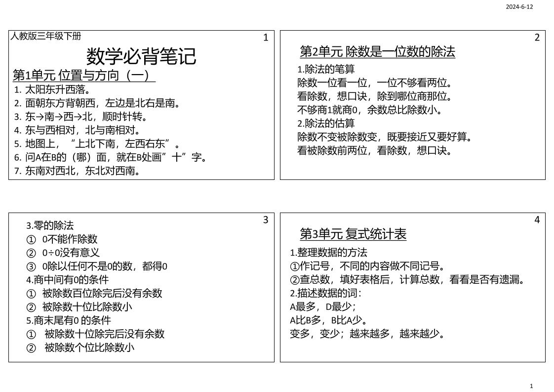 三年级数学下册必背笔记课课贴（4图）-柒染云阁
