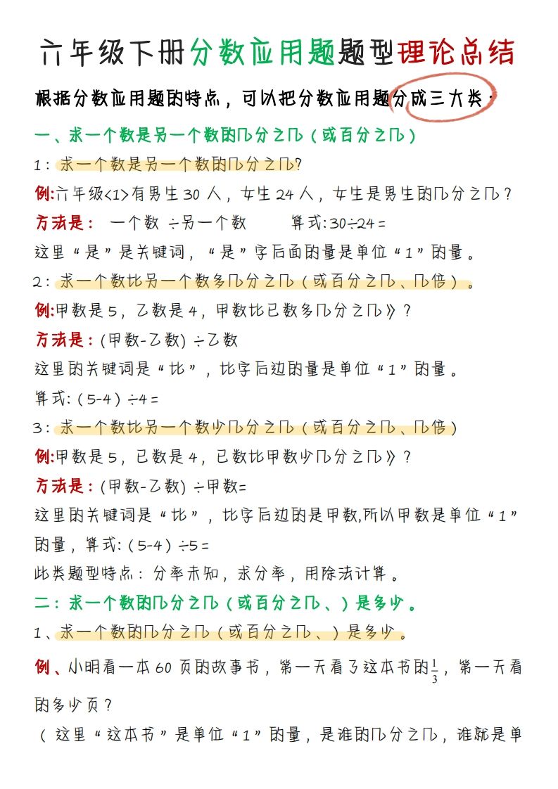 《分数应用题题型理论总结》六下数学【北师版】-柒染云阁