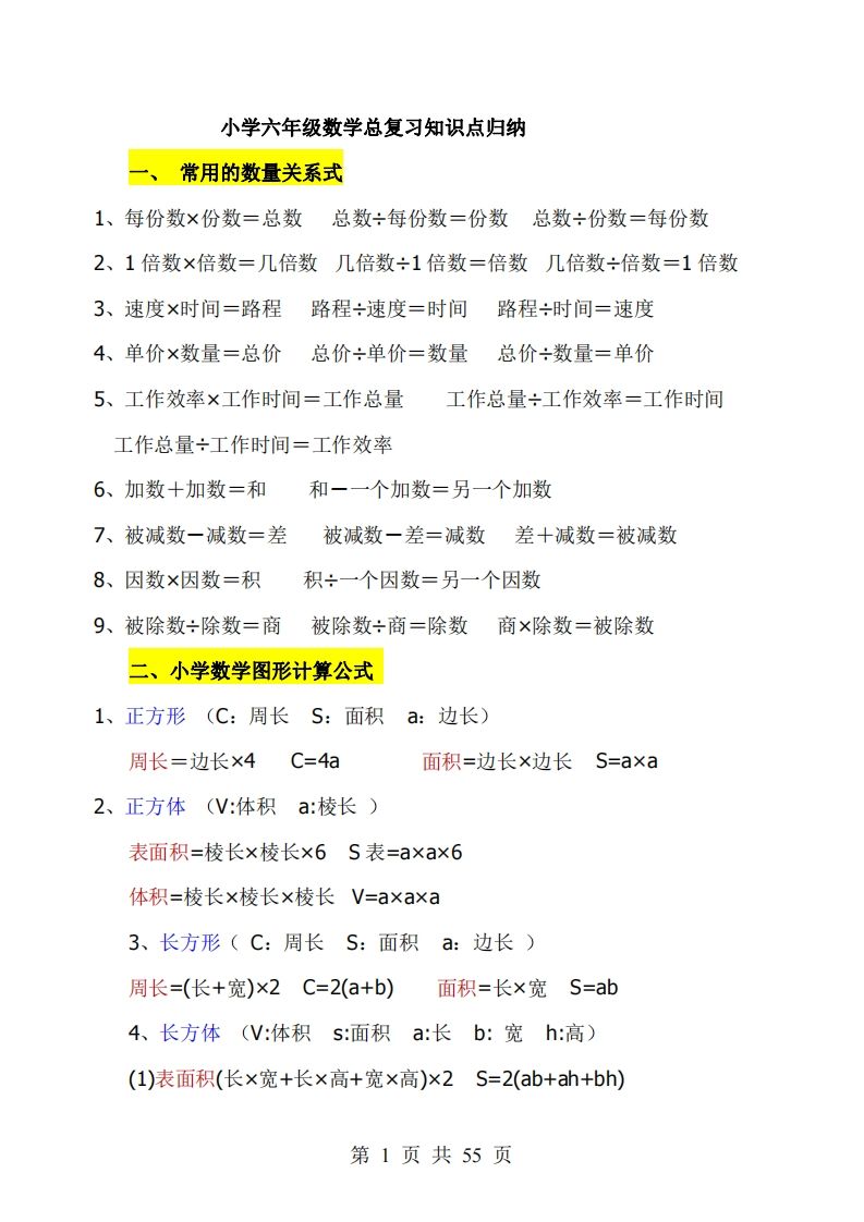 《小学六年级数学知识点归纳》六下数学【北师版】-柒染云阁
