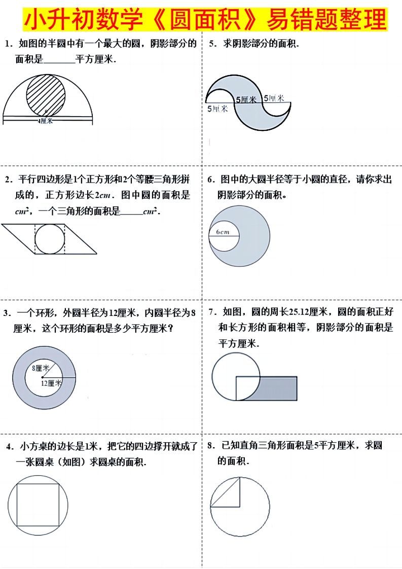 小升初数学（圆面积）易错题整理-柒染云阁