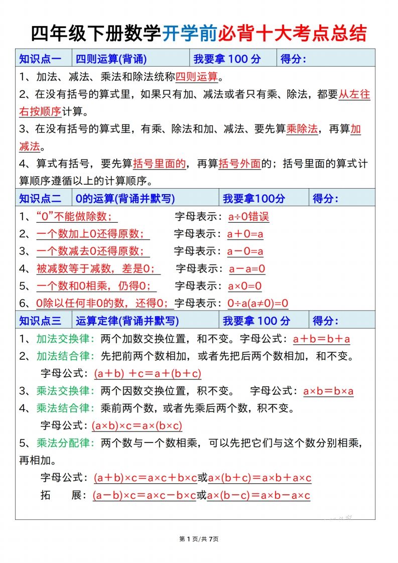 四下数学必背十大考点总结7页-柒染云阁
