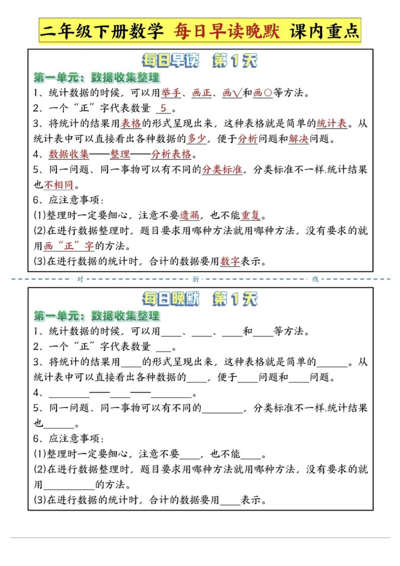 二年级下数学重点每日早读晚默（14页）-高清无水印完整版本-柒染云阁