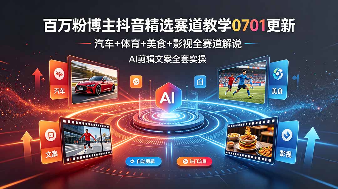 百万粉博主抖音精选赛道教学-0701更新，汽车+体育+美食+影视全赛道解说，AI剪辑文案全套实操-柒染云阁