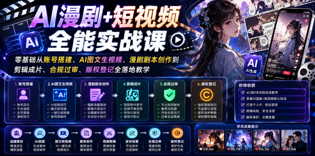 AI漫剧+短视频全能实战课｜零基础从账号搭建、AI图文生视频、漫剧剧本创作到剪辑成片、合规过审、版权登记全落地教学-柒染云阁
