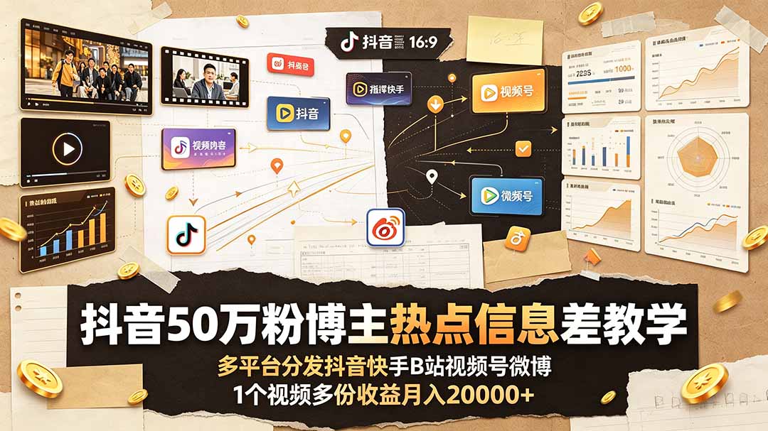 抖音50万粉博主热点信息差教学:多平台分发抖音快手B站视频号微博,1个视频多份收益月入20000+-柒染云阁