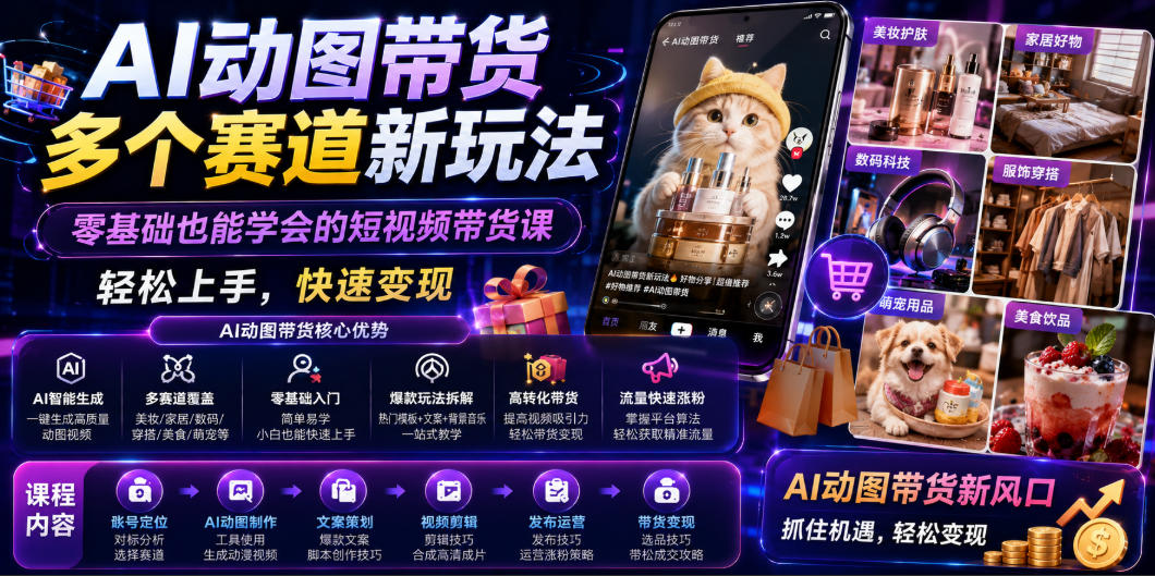 AI动图带货多个赛道新玩法，零基础也能学会的短视频带货课，轻松上手，快速变现-柒染云阁