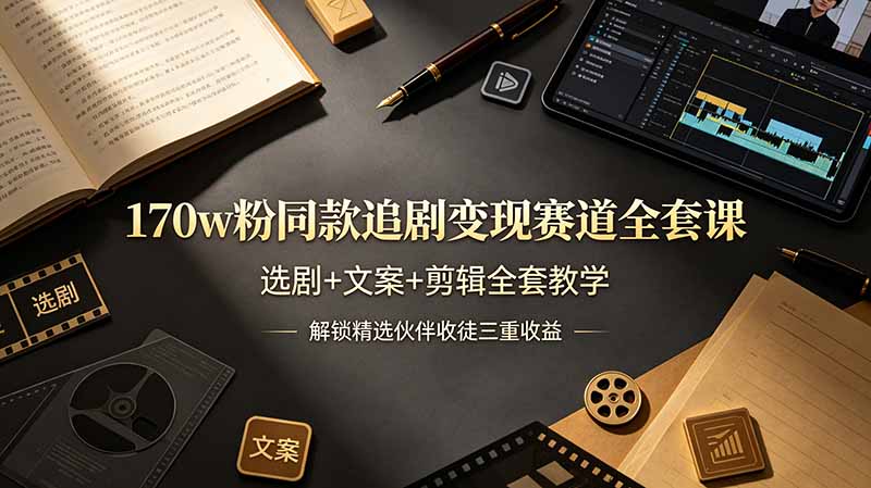 170w粉博主同款追剧变现赛道全套课，选剧+文案+剪辑全套教学，解锁精选伙伴收徒三重收益-柒染云阁