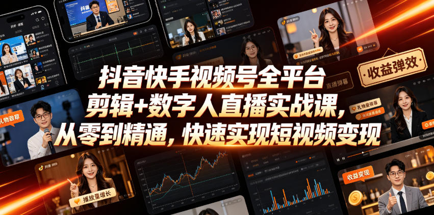 抖音快手视频号全平台剪辑+数字人直播实战课，从零到精通，快速实现短视频变现(更新2026年6月)​-柒染云阁