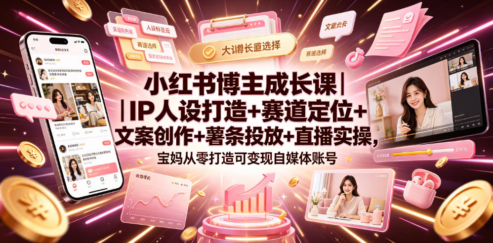 小红书博主成长课｜IP人设打造+赛道定位+文案创作+薯条投放+直播实操，宝妈从零打造可变现自媒体账号-柒染云阁