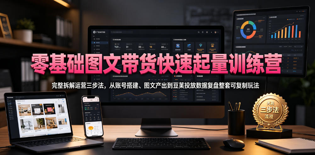 零基础图文带货快速起量训练营，完整拆解运营三步法，从账号搭建、图文产出到豆荚投放数据复盘整套可复制玩法-柒染云阁