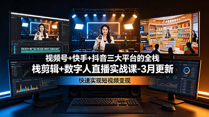 视频号+快手+抖音三大平台的全栈剪辑+数字人直播实战课-3月更新：快速实现短视频变现-柒染云阁
