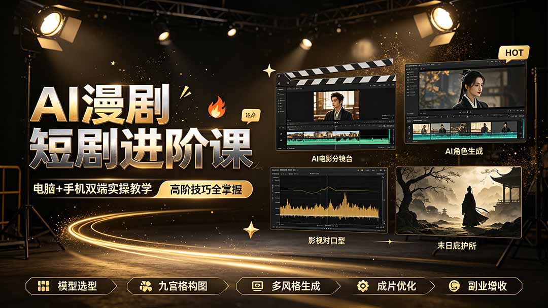 AI漫剧短剧进阶课｜电脑+手机双端实操教学｜影视剧对口型人物吃瓜×解压末日庇护所全程讲解，高阶技巧全掌握-柒染云阁