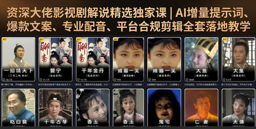 资深大佬影视剧解说精选独家课｜AI增量提示词、爆款文案、专业配音、平台合规剪辑全套落地教学-柒染云阁