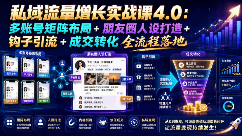 私域流量增长实战课4.0：多账号矩阵布局+朋友圈人设打造+钩子引流+成交转化全流程落地-柒染云阁