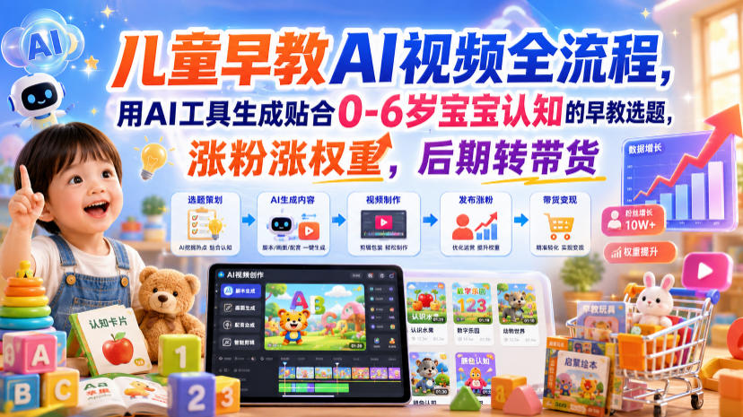 儿童早教AI视频全流程，用AI工具生成贴合0-6岁宝宝认知的早教选题，涨粉涨权重，后期转带货-柒染云阁