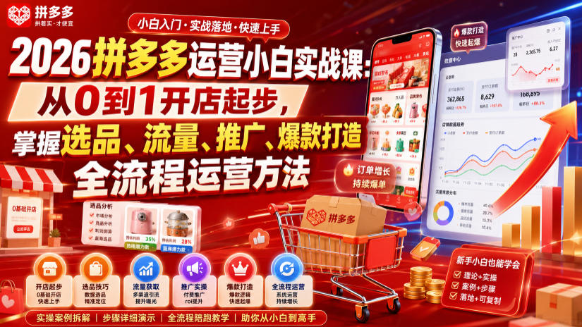 2026拼多多运营小白实战课：从0到1开店起步，掌握选品、流量、推广、爆款打造全流程运营方法-柒染云阁