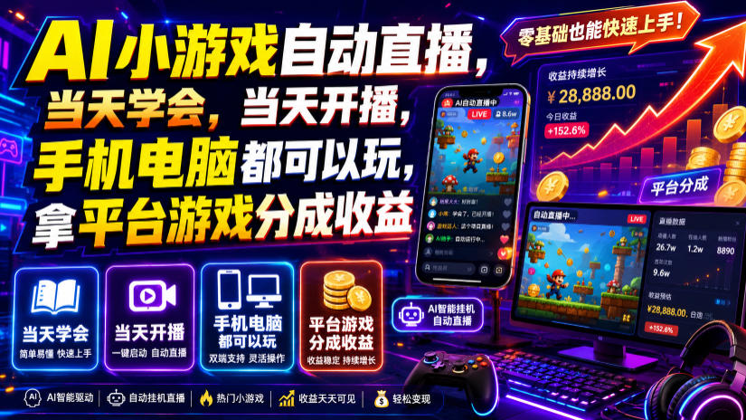 AI小游戏自动直播，当天学会，当天开播，手机电脑都可以玩，拿平台游戏分成收益-柒染云阁