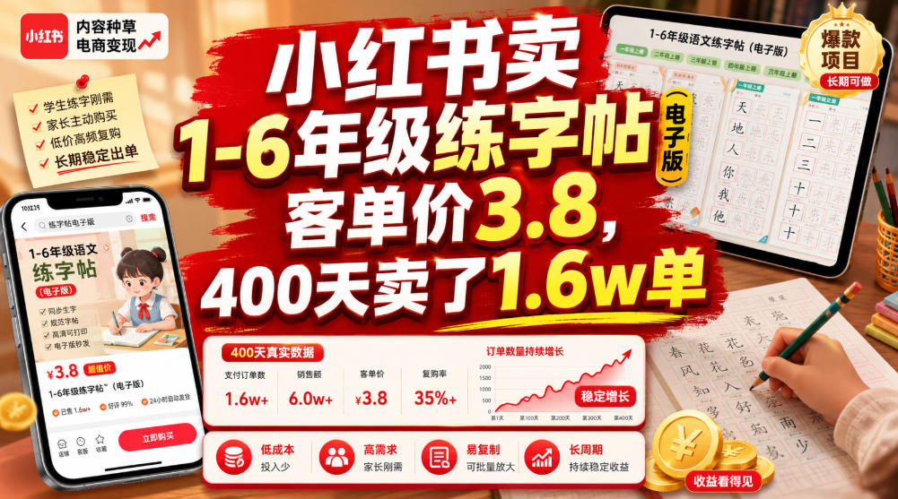 小红书卖1-6年级练字帖(电子版)，客单价3.8，400天卖了1.6w单-柒染云阁
