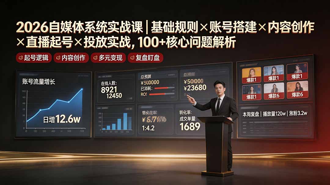 2026自媒体系统实战课｜基础规则×账号搭建×内容创作×直播起号×投放实战，100+核心问题解析-柒染云阁
