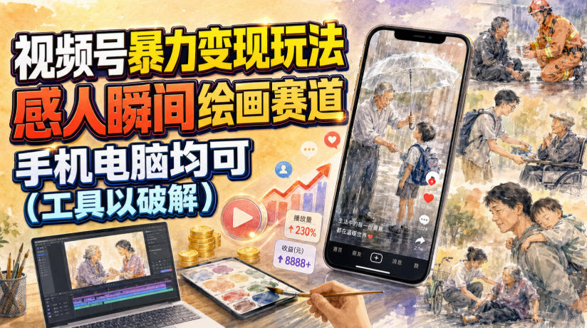 视频号暴力变现玩法，感人瞬间绘画赛道，手机电脑均可-柒染云阁