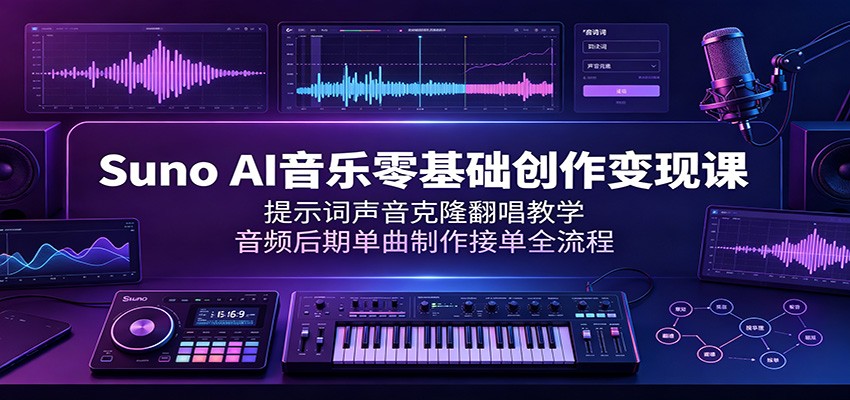Suno AI音乐零基础创作变现课：提示词声音克隆翻唱教学，音频后期单曲制作接单全流程-柒染云阁