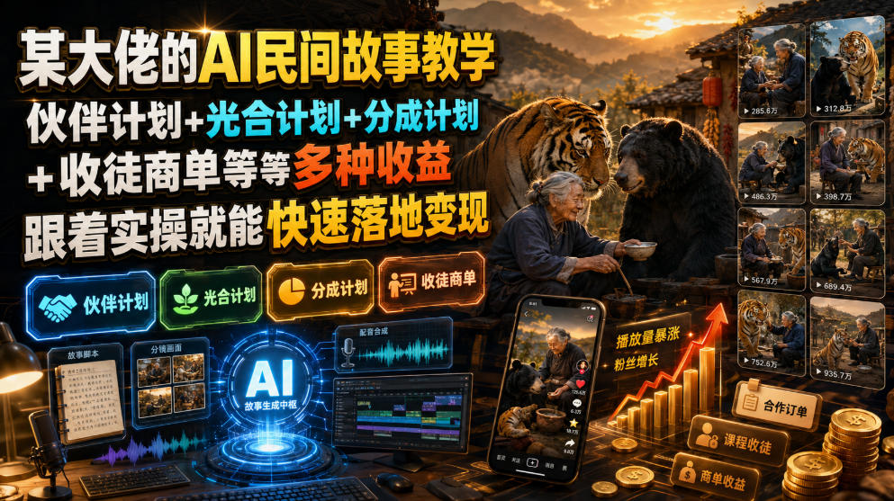 某大佬的AI民间故事教学，伙伴计划+光合计划+分成计划+收徒商单等多种收益，跟着实操就能快速落地变现-柒染云阁