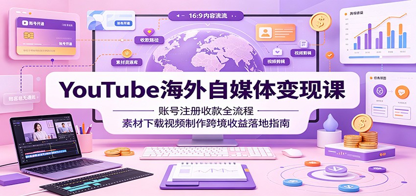 YouTube海外自媒体变现课：账号注册收款全流程，素材下载视频制作跨境收益落地指南-柒染云阁