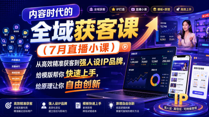 内容时代的全域获客课(7月直播小课)，从高效精准获客到强人设IP品牌，给模版帮你快速上手，给原理让你自由创新-柒染云阁