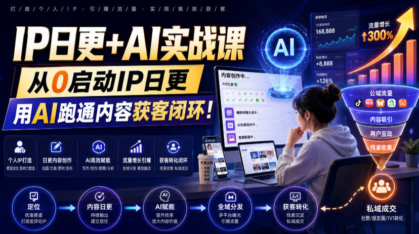 IP日更+AI实战课，从0启动IP日更，IP置顶视频制作+100条选题库搭建+10条日更规划，用AI跑通内容获客闭环!-柒染云阁