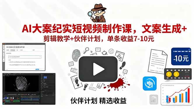AI大案纪实短视频制作课，文案生成+剪辑教学+伙伴计划，单条收益7-10元-柒染云阁