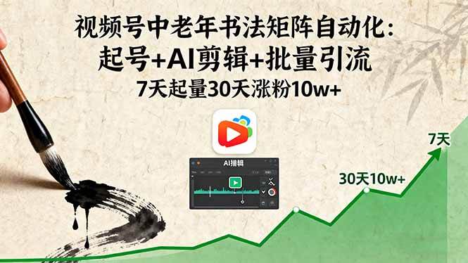 视频号中老年书法矩阵自动化：起号+AI剪辑+批量引流 7天起量30天涨粉10w+-柒染云阁