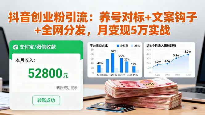 抖音创业粉引流：养号对标+文案钩子+全网分发，月变现5万实战-柒染云阁