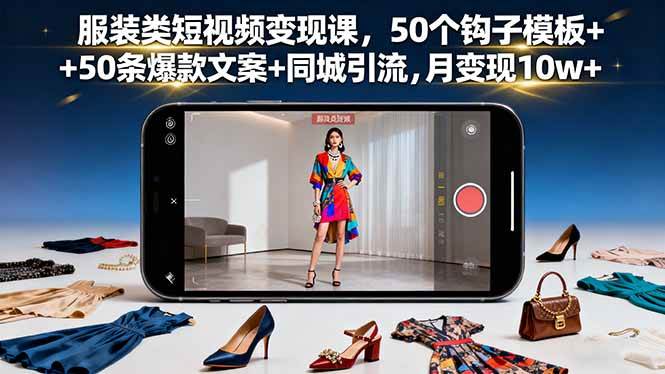 服装类短视频变现课，50个钩子模板+50条爆款文案+同城引流，月变现10w+-柒染云阁
