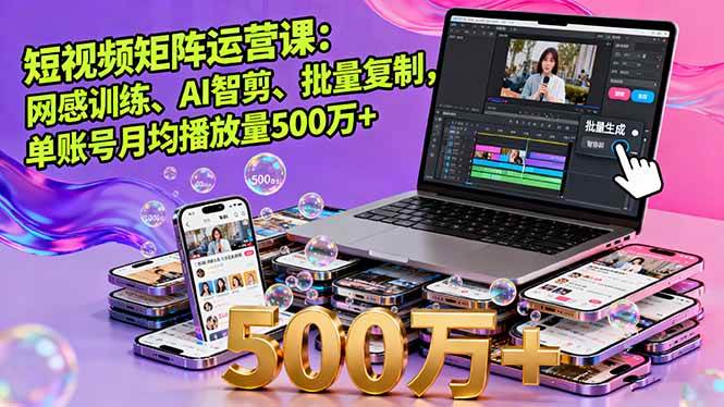 短视频矩阵运营课：网感训练、AI智剪、批量复制，单账号月均播放量500万+-柒染云阁