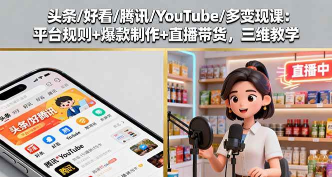 头条/好看/腾讯/YouTube/多变现课：平台规则+爆款制作+直播带货，三维教学-柒染云阁