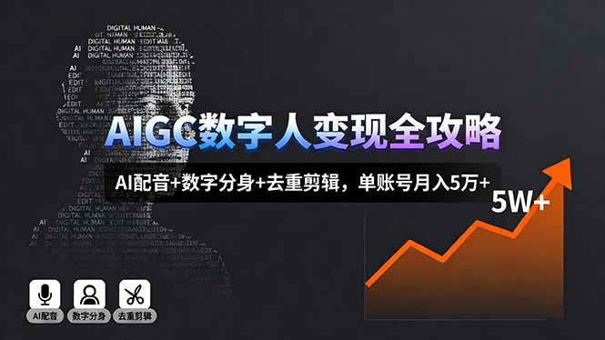 AIGC数字人变现全攻略，AI配音+数字分身+去重剪辑，单账号月入5万+-柒染云阁
